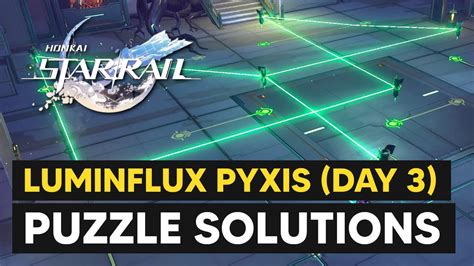 May 15, 2023 · Honkai Star Rail Luminflux Pyxis Puzzles Day 1 solutions. Compared to Day 2 and Day 3, the Pyxis puzzle sets presented to you on Day 1 are pretty straightforward to solve. All you need to do is ... 